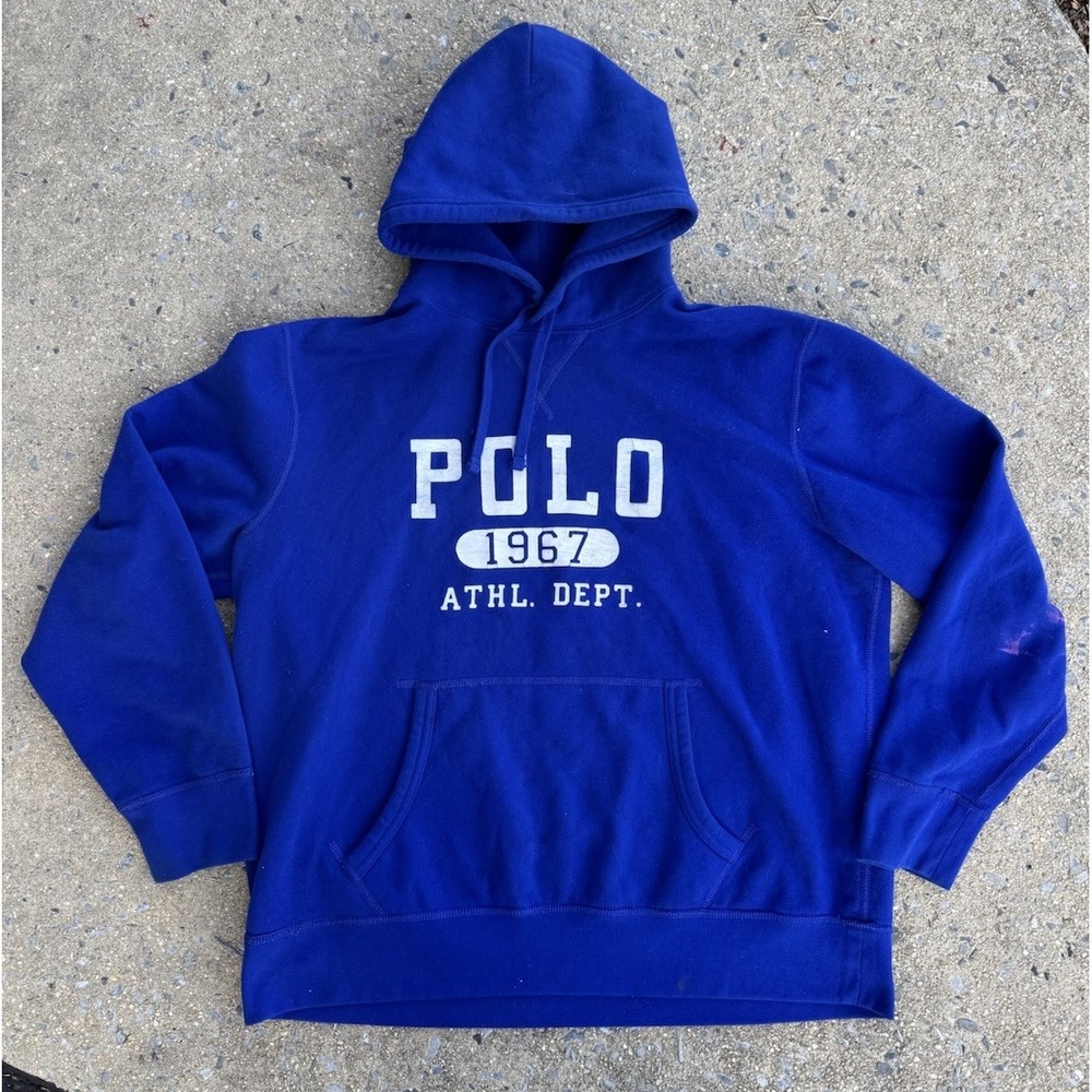Vtg Polo Ralph Lauren Men's RL 67 Polo Script Fleece‎ Pullover Hoodie Blue SZ.XL